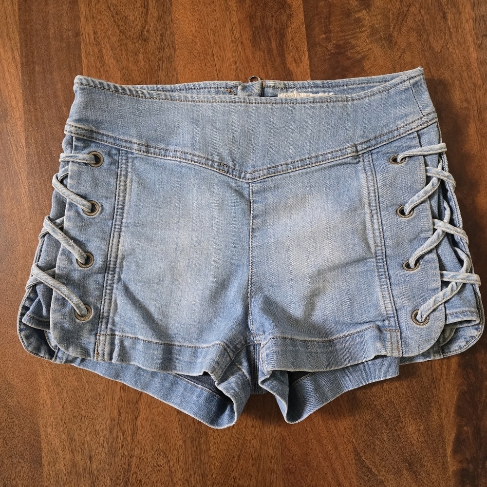 Free People Light Blue High Waist Lace-Up Denim Shorts